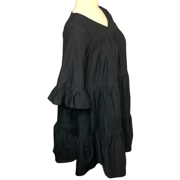 EMMA Knudsen Black Babydoll Mini Shift Dress Ruffles Relax Fit 1/2 Sleeve Sz XS - Picture 3 of 12